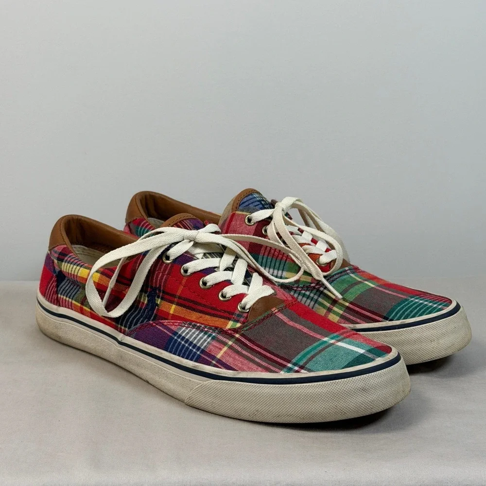 Polo Ralph Lauren Thorton Mens 10 D Patchwork Plaid Low Top Sneakers Red Green